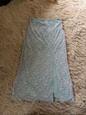 Light Blue Floral Midi Skirt with Side Slit